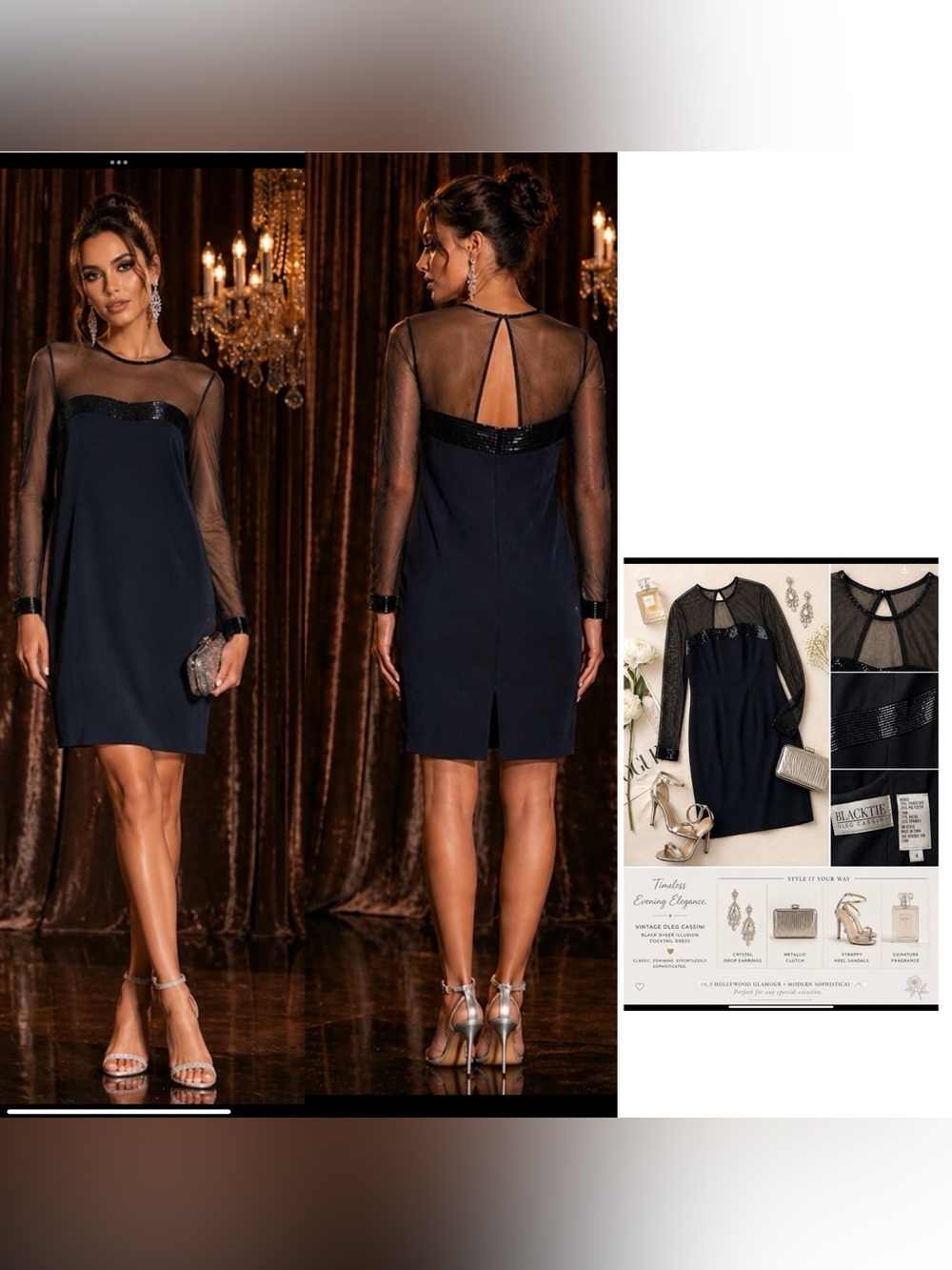 Vintage‎ 90s Oleg Cassini Black
Tie Dress Size 4 Black Sheer Beaded Cocktail,LBD